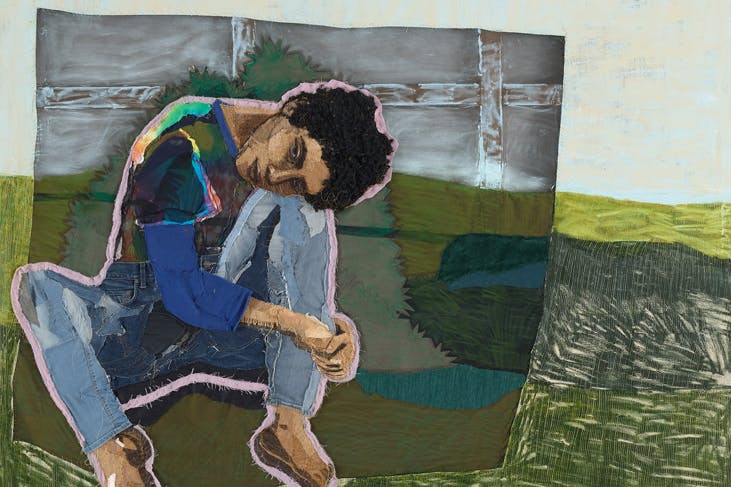 Winner Archibald Prize 2023, Julia Gutman 'Head in the sky, feet on the ground', oil, found textiles and embroidery on canvas.